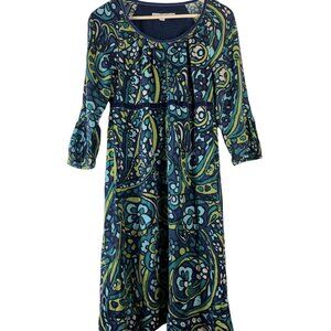Boden Dress Size 6L Blue Green Floral Paisley Velvet Trim